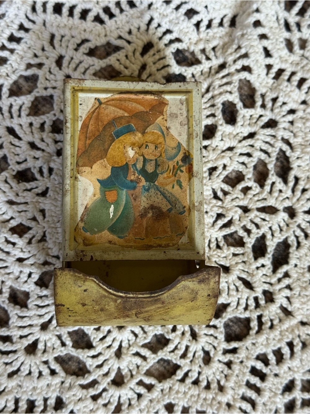 Vintage Tin Dutch Children Match Holder | Wall Match Box Holder | Cottage Decor